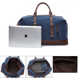 Hunter Canvas And Leather Duffle Blue Different Views Of Inside the Duffle And With Laptop