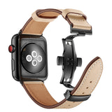 METAL CLASP GENUINE LEATHER WATCH BAND FOR APPLE WATCH 38MM TO 44MM