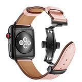 METAL CLASP GENUINE LEATHER WATCH BAND FOR APPLE WATCH 38MM TO 44MM