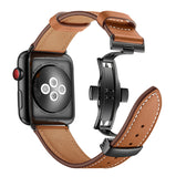 METAL CLASP GENUINE LEATHER WATCH BAND FOR APPLE WATCH 38MM TO 44MM