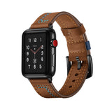 LEATHER WATCH BAND WITH STITCH DETAIL FOR APPLE WATCH 38MM TO 44MM BROWN WITH BLUE STITCH