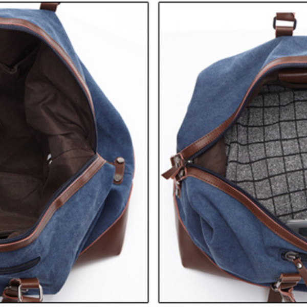 Hunter Canvas And Leather Duffle Blue Top View Looking Into Main Compartment
