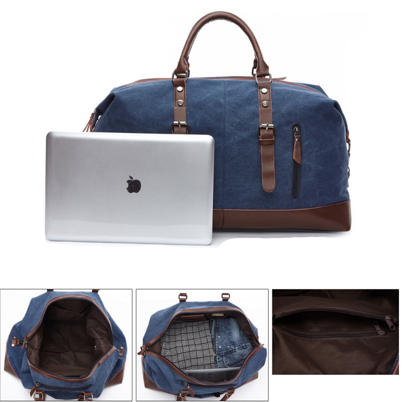 Hunter Canvas And Leather Duffle Blue Different Views Of Inside the Duffle And With Laptop