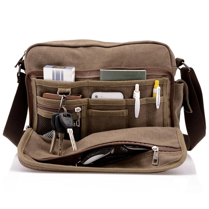 Canvas Messenger Bag Coffee Front Pocket Open With Packed Items