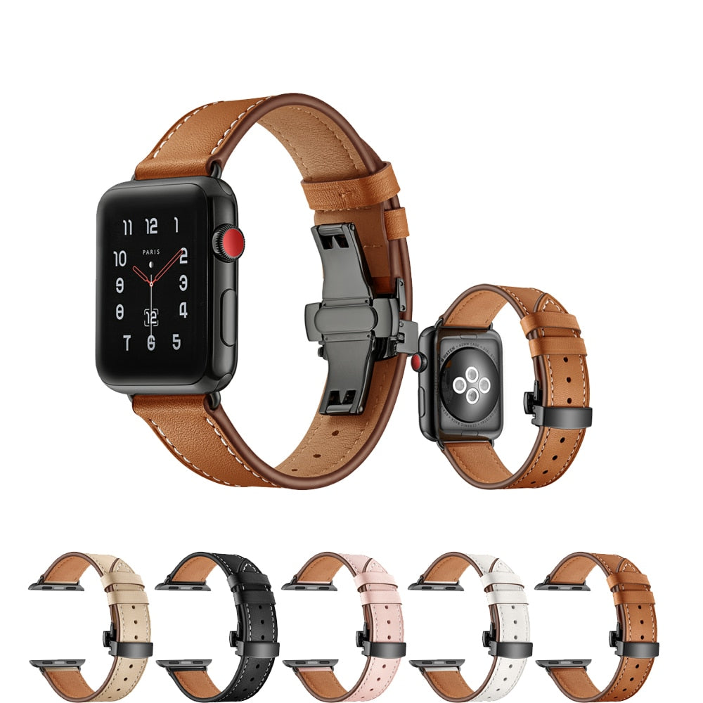 METAL CLASP GENUINE LEATHER WATCH BAND FOR APPLE WATCH 38MM TO 44MM